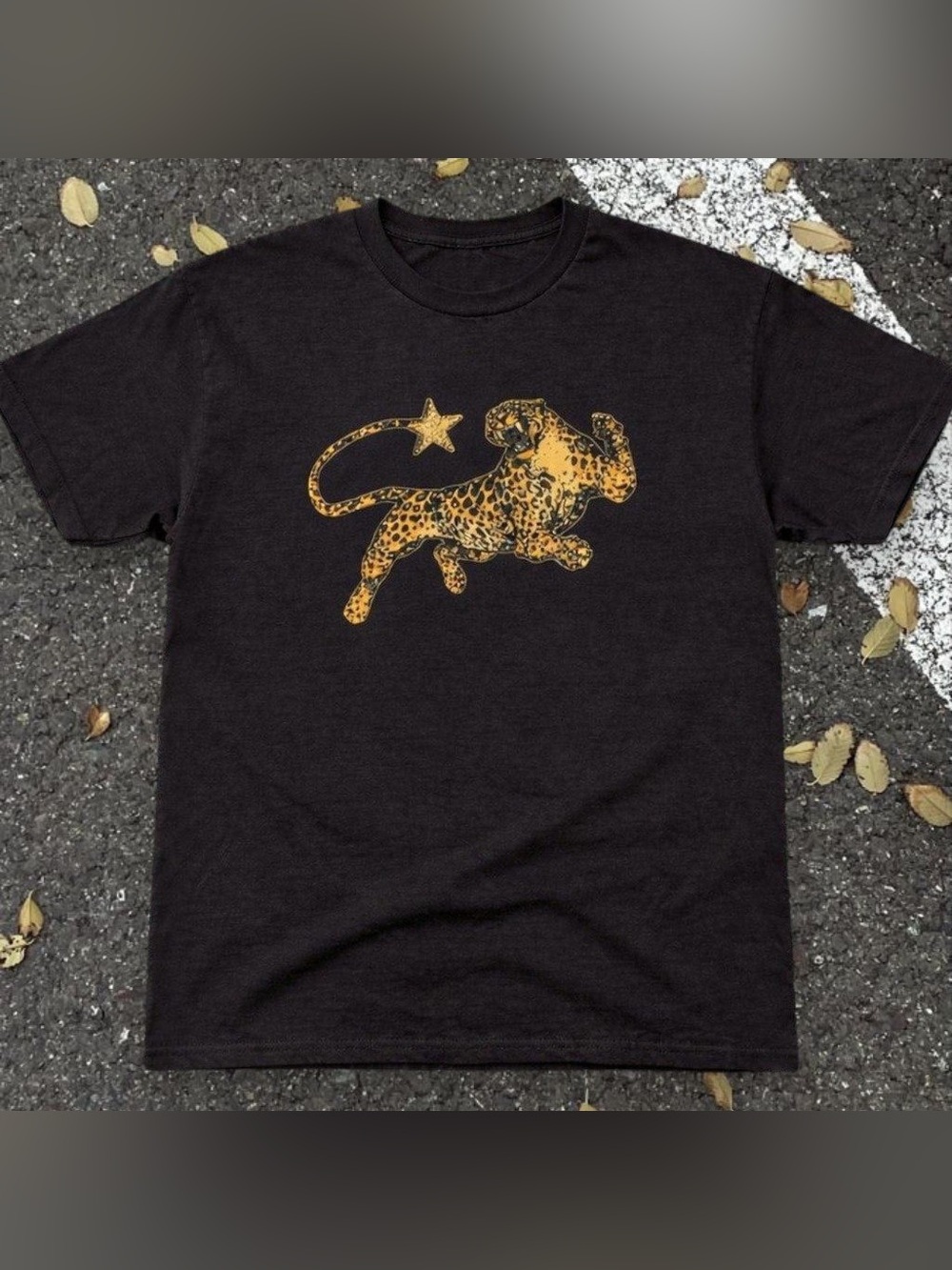 Gildan Black Tee with Gold Leopard and Star Graphic